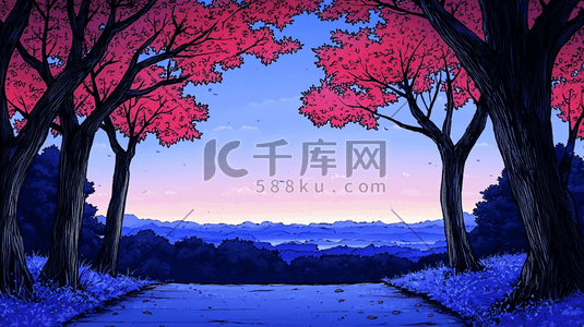 夜晚田野树木草地插画