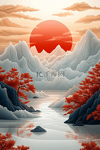 手绘山水画一轮明月唯美插画