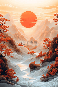 山水画一轮明月唯美插画手绘