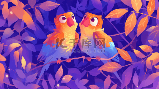 紫色手绘卡通森林歌唱小鸟插画
