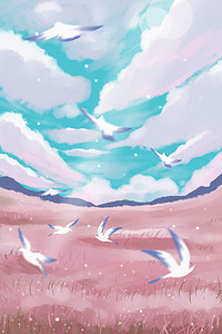 粉黛乱子草飞鸟粉色治愈场景插画