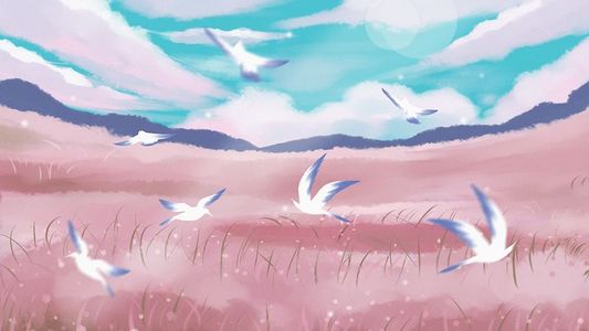 粉黛乱子草飞鸟粉色治愈场景插画