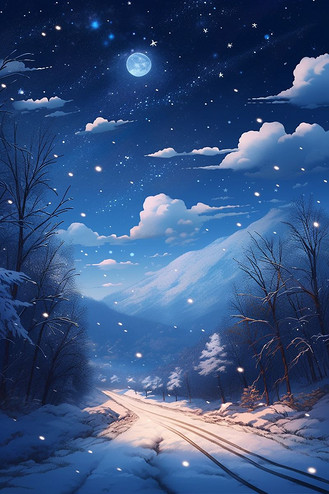 手绘冬天唯美雪景夜晚插画