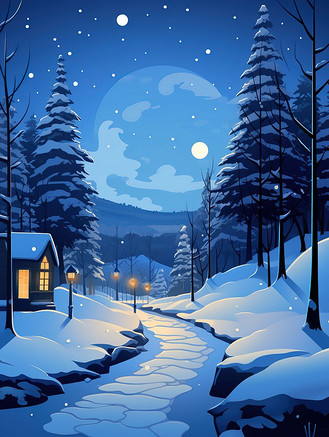夜晚的冬天雪卡通风格16原创插画