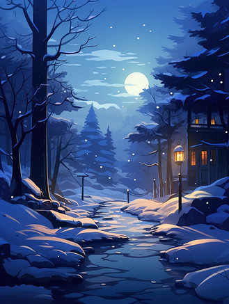 夜晚的冬天雪卡通风格8插画素材
