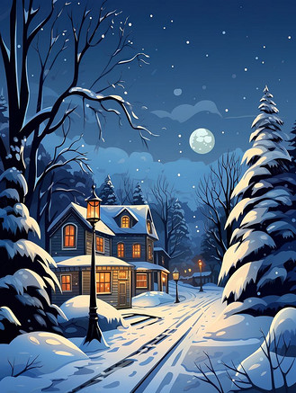 夜晚的冬天雪卡通风格10插画素材