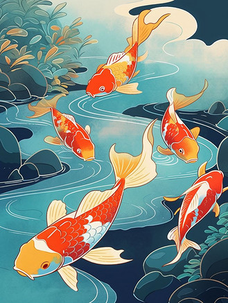 中国风五彩锦鲤插画13