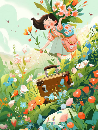 可爱的小女孩开心春游插画素材