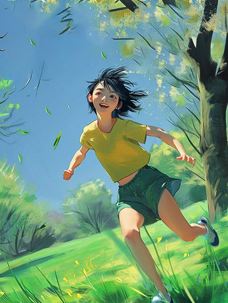 手绘绿色森林里女孩自由跑步的插画13