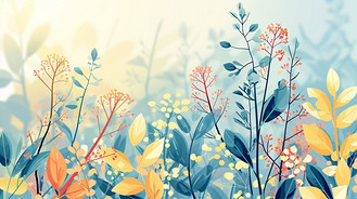 手绘绿色彩色花丛花草风景插画6