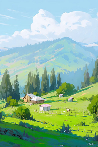 风景春天油画青山绿树手绘插画