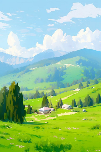 春天手绘风景油画青山绿树插画