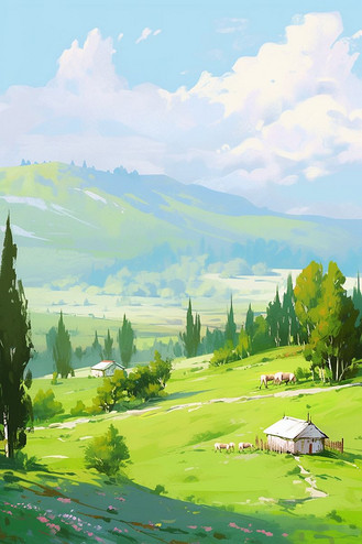 假青山绿水池图片素材_青山绿树春天风景油画手绘插画