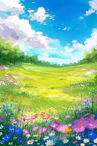 绿色草地花朵春天风景手绘海报插画设计