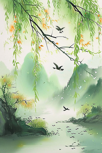 插画春天柳树绿色山峰水彩画手绘海报插图个人vip和企业vip免费下载