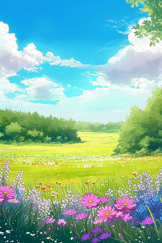 手绘海报春天绿色草地花朵风景插画图片