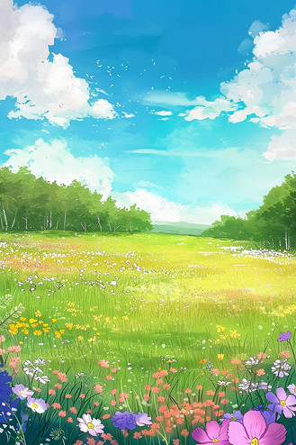 春天绿色花朵风景草地手绘海报插画设计