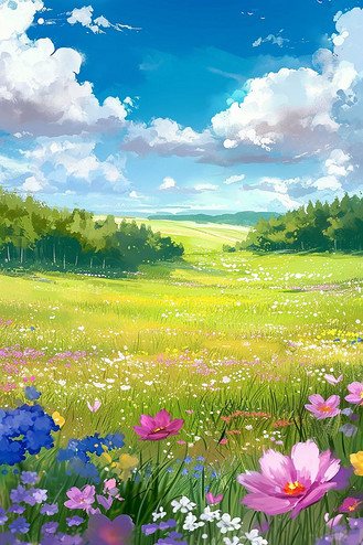 春天绿色草地花朵海报风景手绘插画海报