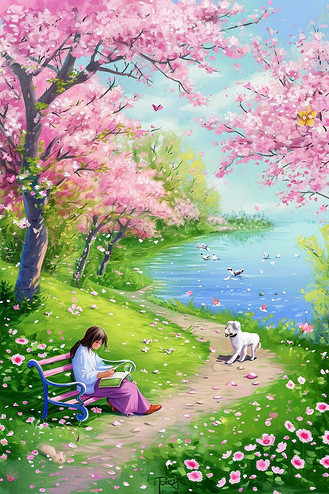 风景春天海报矢量插画个人vip和企业vip免费下载插画油画风小村庄手绘