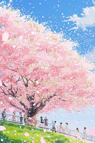 唯美樱花树赏花春天手绘海报插图