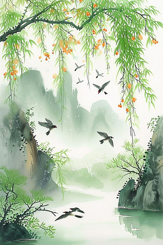 春天绿色山峰柳树水彩画手绘海报插画设计