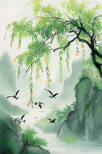春天绿色柳树山峰水彩画手绘海报插画图片