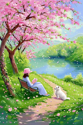 下载插画樱花树小溪唯美风景海报春天素材个人vip和企业vip免费下载
