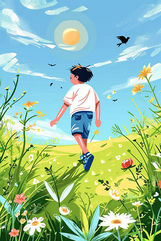 男孩踏青插画春天海报