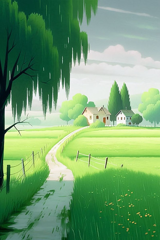 春天绿草地手绘绿树唯美海报素材