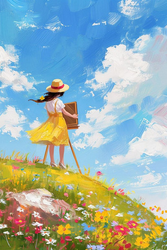 油画女孩山坡春天画画手绘海报插画