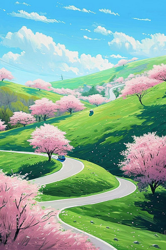 春天唯美风景海报樱花树手绘插画图片