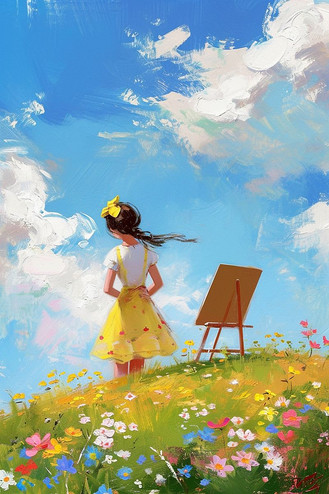 春天海报油画女孩山坡画画手绘素材