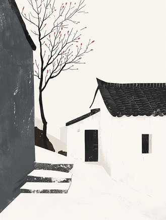 手绘江南意境房屋景色的插画3