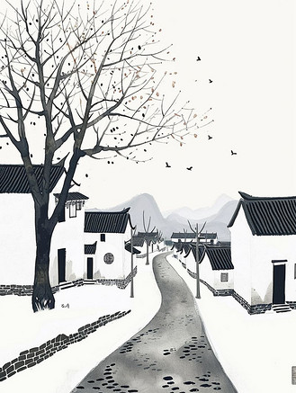 手绘江南意境房屋景色的插画11