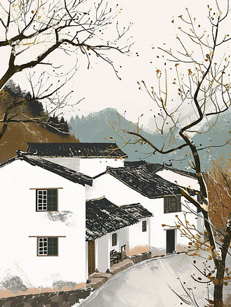 手绘江南意境房屋景色的插画1
