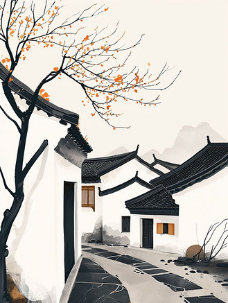 手绘黑白江南房屋建筑的插画7