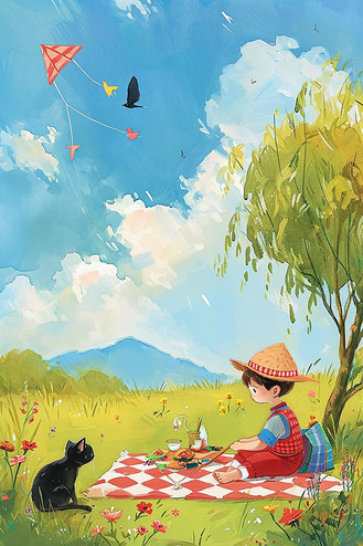 插画春天男孩出游手绘海报