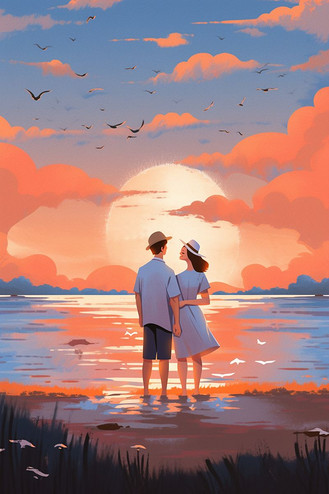 海边情侣情人节手绘插画海报