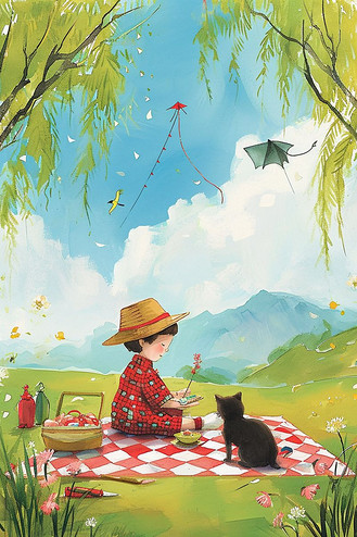 男孩出游插画手绘海报春天