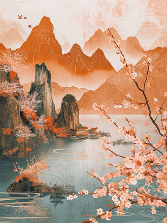 彩色手绘水彩山水风景风光的插画4