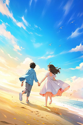 情侣散步沙滩卡通情人节手绘海报插画素材