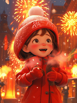 红色中国春节女孩看放烟花的插画18