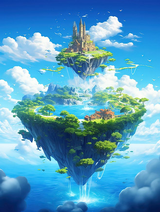 下载原图插画天空中一座浮岛梦幻插画个人vip和企业vip