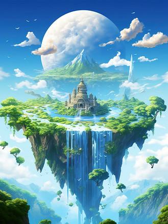 天空中一座浮岛梦幻插画