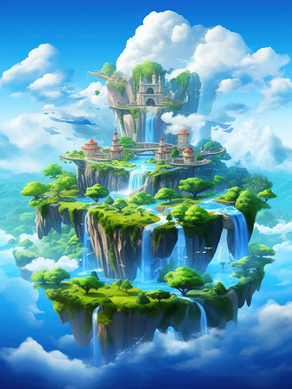 天空中一座浮岛梦幻插画