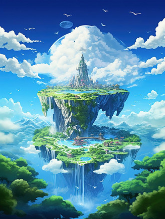 下载原图插画天空中一座浮岛梦幻插画个人vip和企业vip
