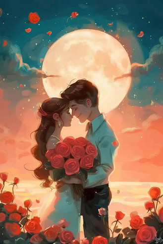 情人节情侣夕阳手绘唯美插画海报