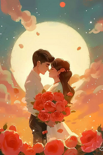 情侣唯美夕阳图片素材_情人节唯美情侣夕阳手绘插画海报