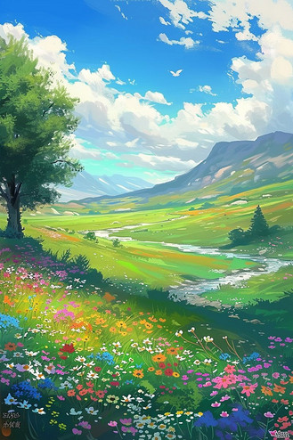 春天风景花朵油画小溪手绘插画