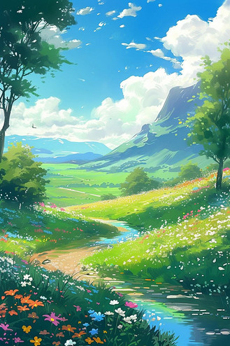 春天油画风景花朵小溪手绘插画